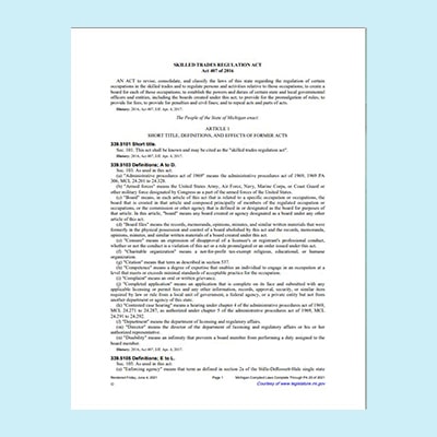 Michigan Skilled Trades Regulation Act 407 of 2016